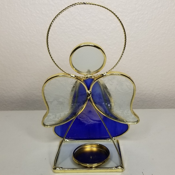 Stained Glass Angel Tea Light Candle Holder Blue Gold Holiday Christmas Angel - Picture 5 of 10